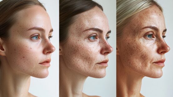 Commercial-style triptych image showing the aging process of a European woman’s face, from smooth youthful skin on the left, developing wrinkles in the middle, to deep lines and aged skin on