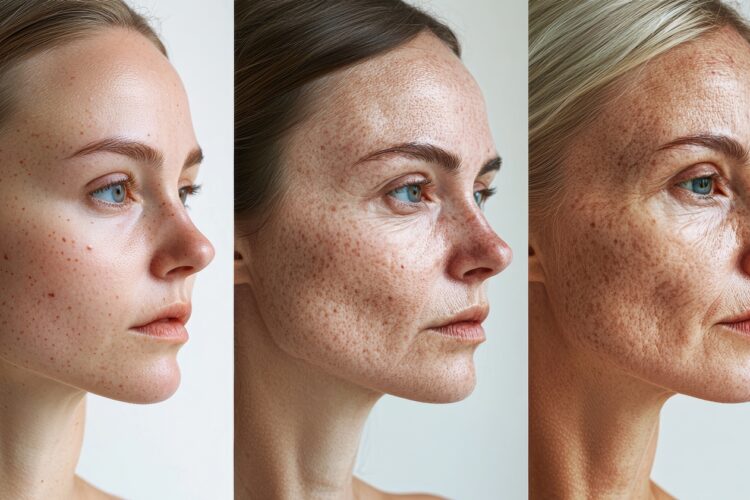 Commercial-style triptych image showing the aging process of a European woman’s face, from smooth youthful skin on the left, developing wrinkles in the middle, to deep lines and aged skin on