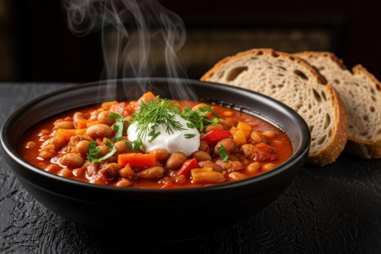 vecteezy_chicken-and-bean-stew-in-a-black-bowl-with-bread-on-a-dark_78833784_v
